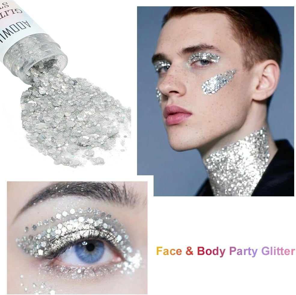 AOOWU Body Glitter Stick,Sparkling Chunky Glitter Gel for Face Body Hair, Holographic Sequins Waterproof & Long Lasting Festival Makeup, Carnival Festival Party Cosplay Accessories,Silver
