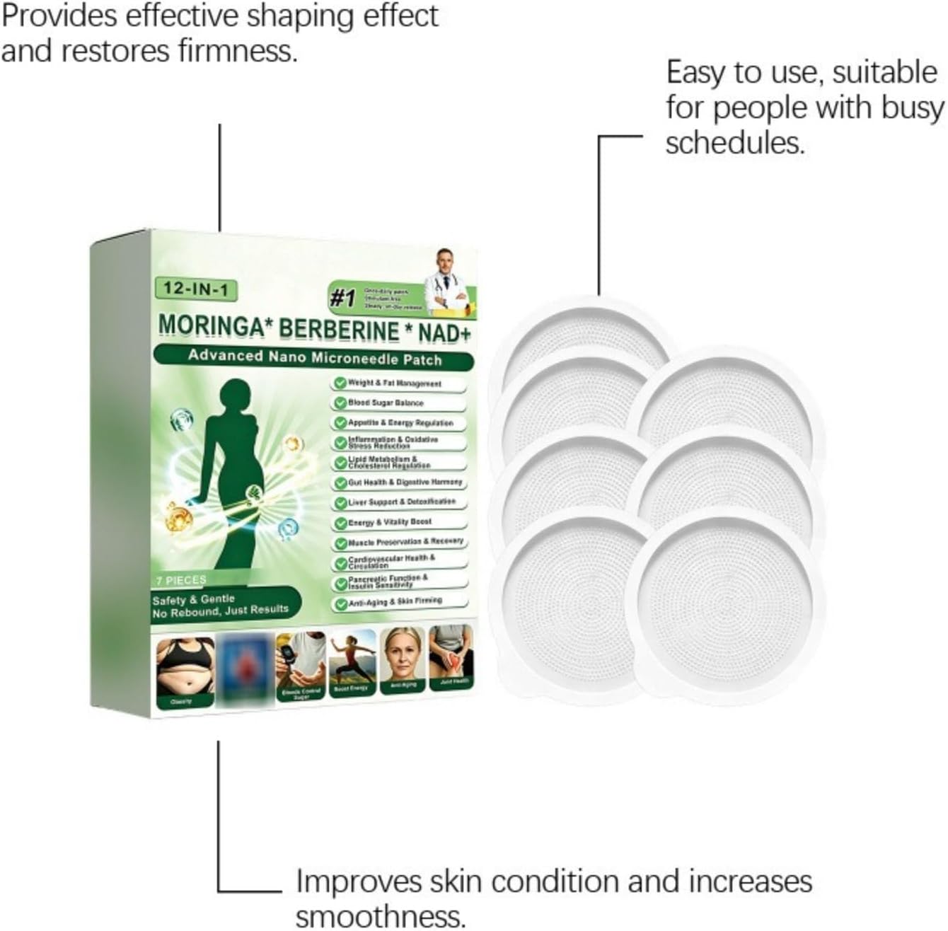 Moringa x Berberine Patch 12 in 1, Nano Microneedle Slimming Patch, Natural Ingredients, Easy to Apply, Invisible Under Clothes, Ideal for Men and Women