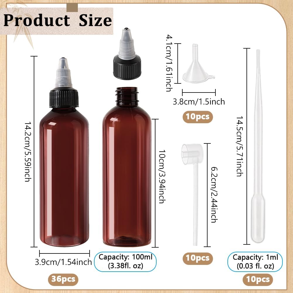 36Pcs 100ml Amber Plastic Squeeze Bottles with Nozzles | Empty Applicator Bottles with 10 Transfer Pipettes, 10 Funnels & 10 Pumps for Shampoo Body Wash Lotion Sauce DIY Crafts