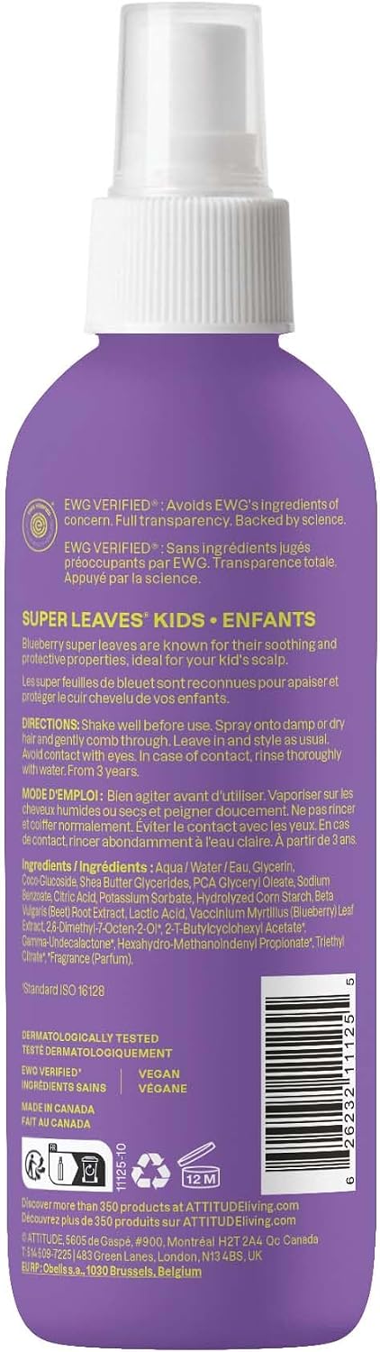 ATTITUDE Rinse-free Hair Detangler Spray for Kids, EWG Verified Leave In Product, Plant- and Mineral-Based Ingredients, Vegan, Vanilla and Pear, 240 mL