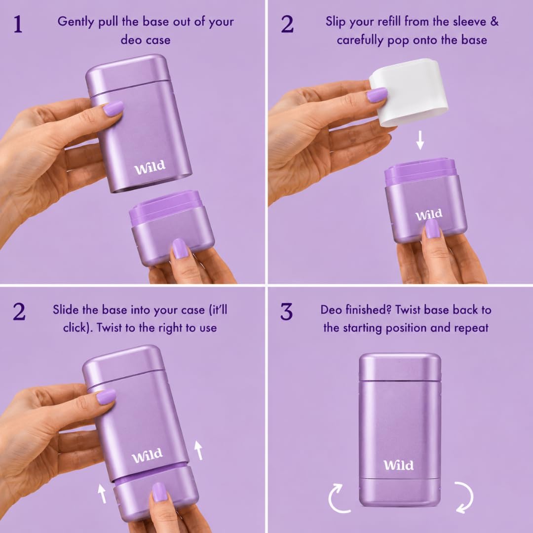 Wild Aluminium Free Natural Deodorant Starter Kit - Refillable Purple Case - Natural Ingredients & 24 Hour Odour Protection - Women's - Fresh Scents Variety Pack - Case + 3 Refills