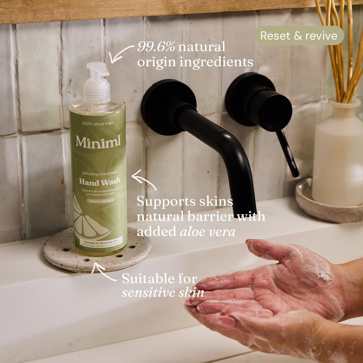 Miniml Natural Hand Wash – Refreshing Lime & Basil 400 ml, 99.6% Natural, Vegan & Cruelty-Free Liquid Soap for Sensitive Skin, Moisturising & Gentle Everyday Hand Cleansing