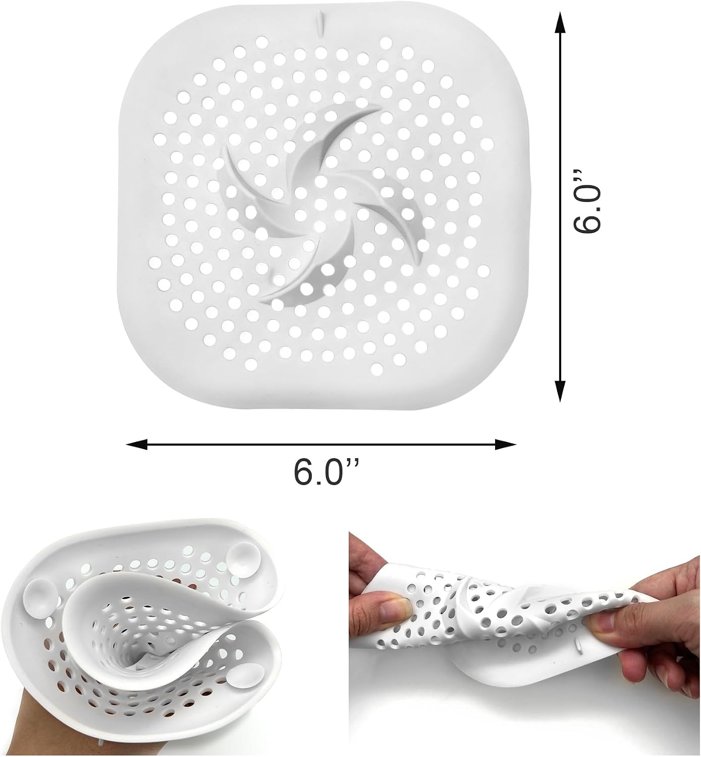 2Pcs Silicone Shower Drain Cover with Suction Cups, Hair Catcher Strainer for Sink, Bathtub, and Kitchen, Anti-Clogging Drain Protector Plug Filter - White