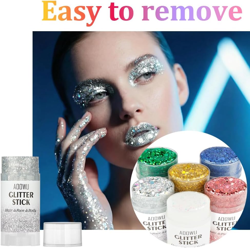 AOOWU Body Glitter Stick, Holographic Chunky Glitter Gel for Face Body Hair, Waterproof Long Lasting Shimmer Sparkle Makeup, Festival Rave Party Carnival Cosplay Accessories,Silver