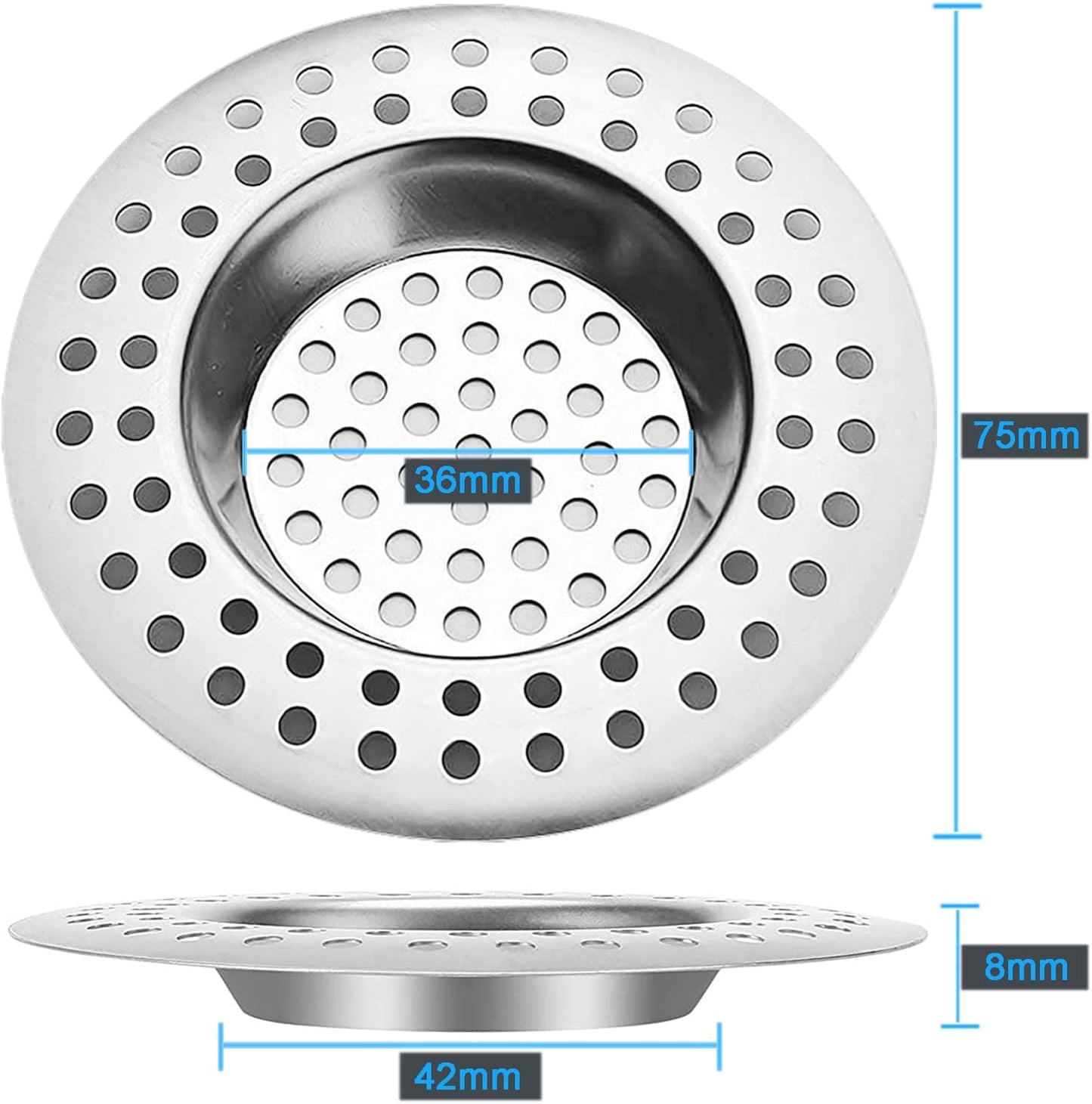 Set of 2 Stainless Steel Sink Strainer Plug, Drain Protector for Kitchen, Bathroom, and Shower - Hair/Food Catcher (7.5cm Outer Diameter, 3.6cm Inner Diameter)