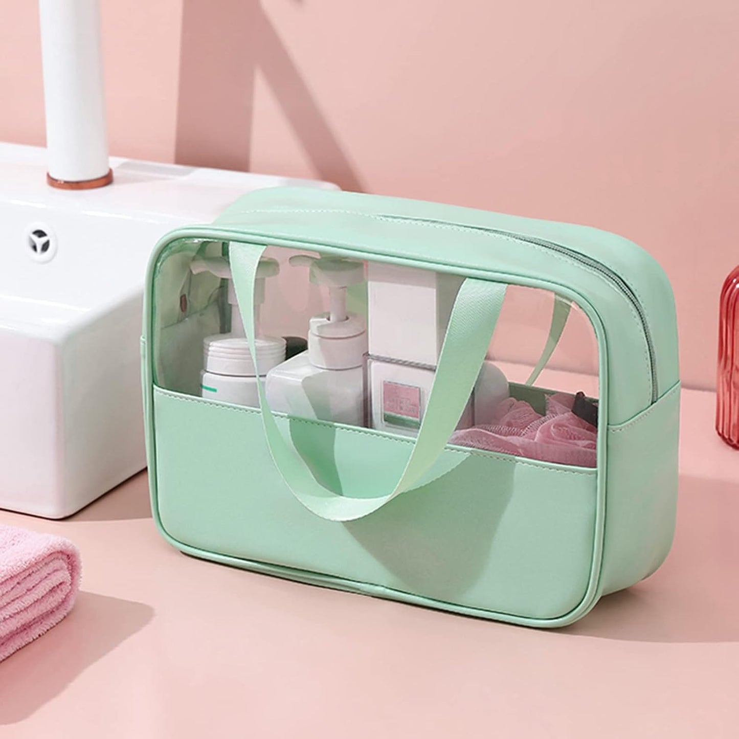 Clear Toiletry Bag 3 pcs, Waterproof Wash Bags Set in PVC, Large Capacity Makeup Bag with Handle, Travel Cosmetic Bag for Men and Women (Green)