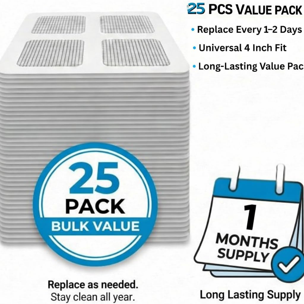 (25 Pack) Disposable Drain Cover & Drain Snake Stickers - 10 cm Square Shower Drain Cover & Hair Catcher for Shower Drain - Perfect for Bath & Kitchen - Mesh Stops Human & Pet Hair