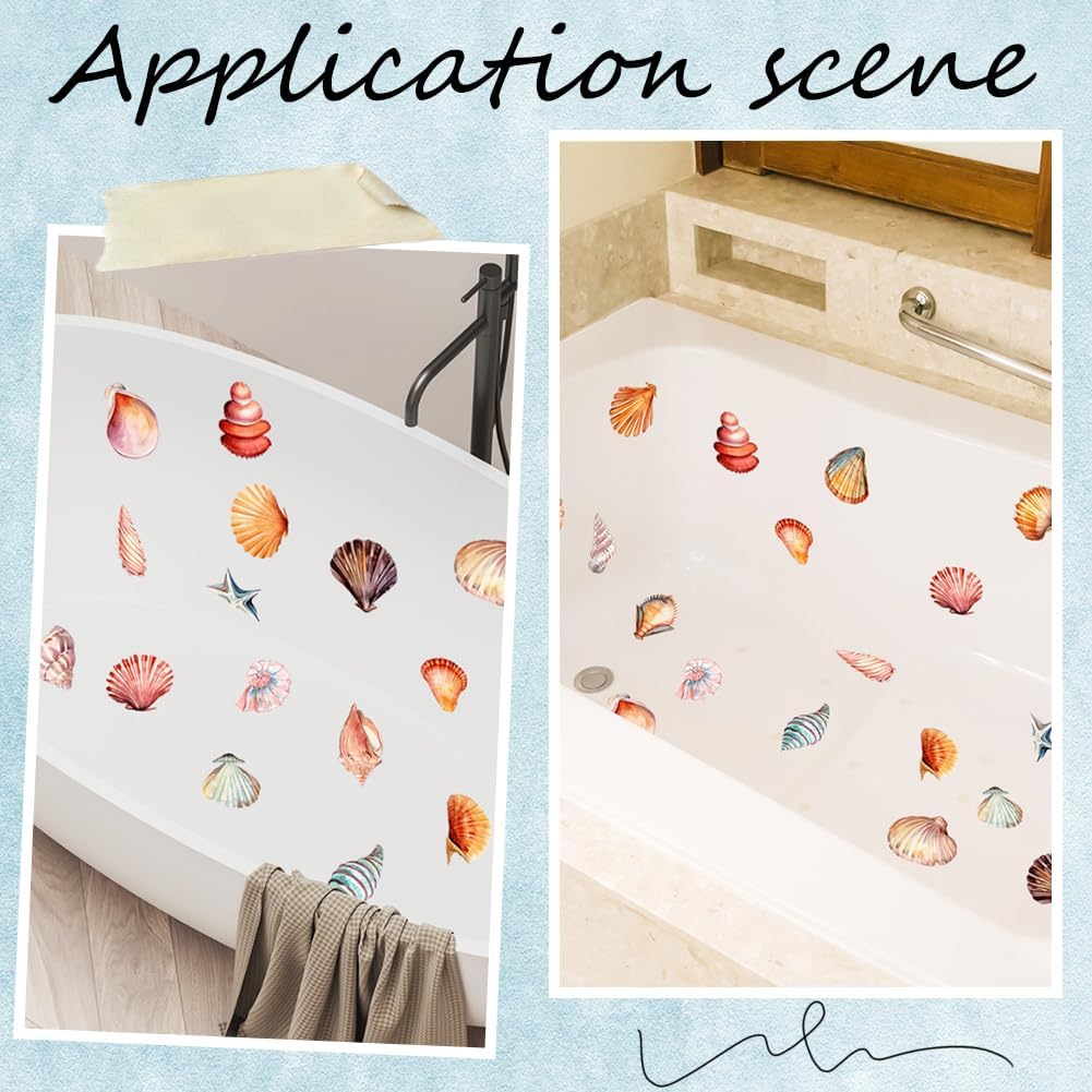 6 Pages Bathtub Sea Stickers Bulk Non Slip Bathtub Stickers with Scraper Plastic Adhesive Ocean Animal Conch Pattern Slippery Floor Decal for Shower and Bath Tub Home Decorations Gift Adults