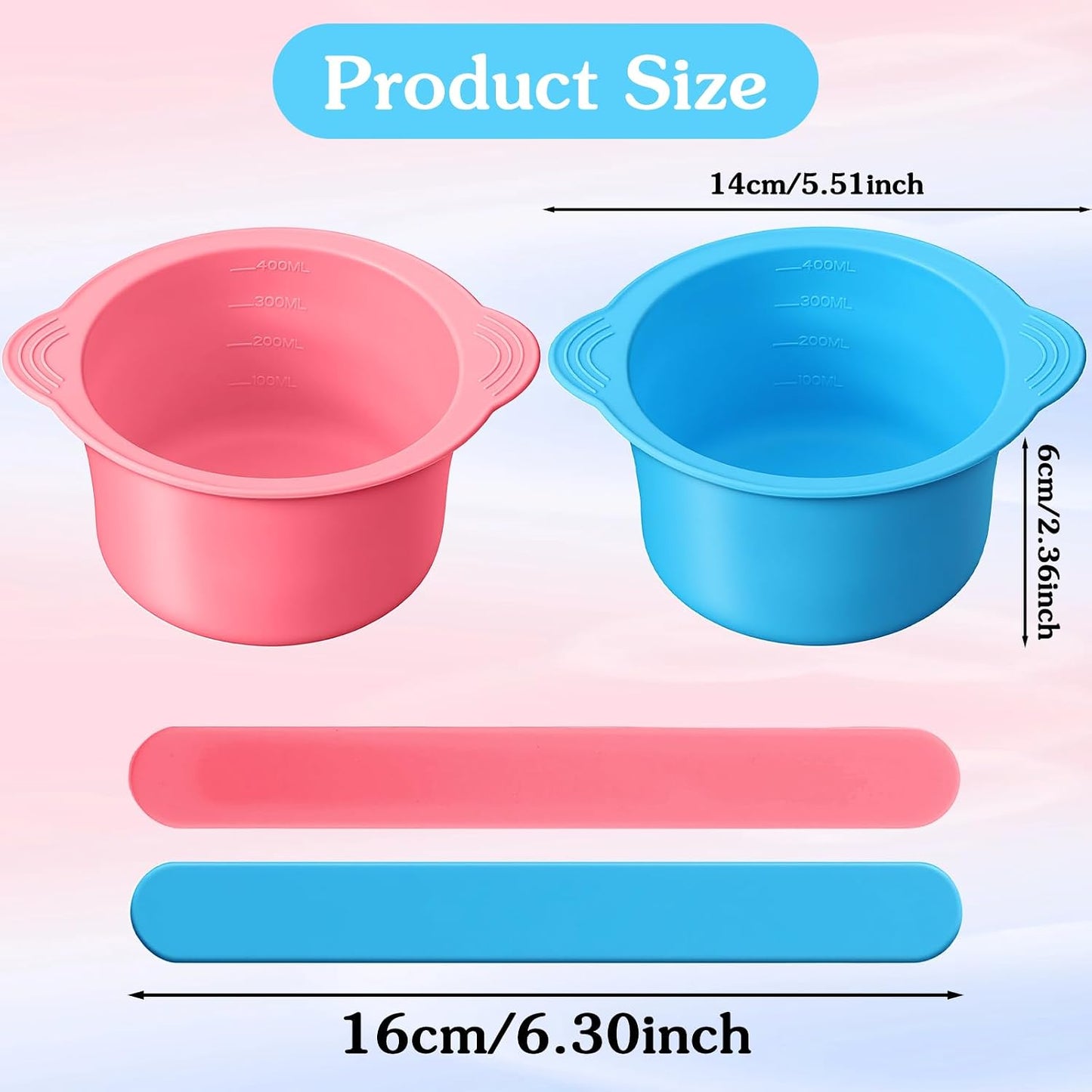 2PCS Silicone Wax Pot Insert,Wax Silicone Bowl with 2 Waxes Sticks,Non-Stick Waxes Pot Silicones Liner,for Preparing Powders,Making DIY Face Masks,Mixing Pigments,and Hair Dyes,Blue, Pink
