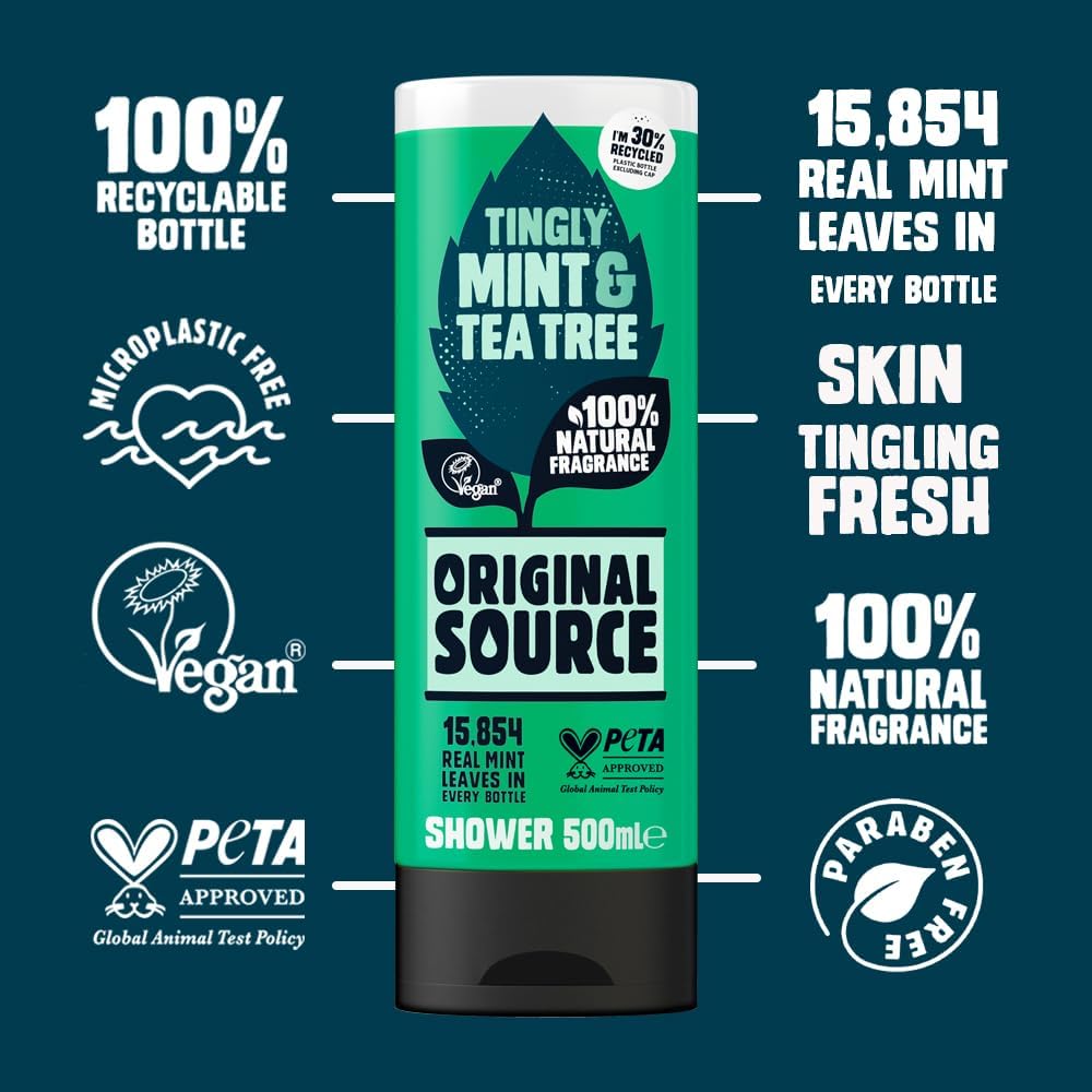 Original Source Mint & Tea Tree Shower Gel, 100 Percent Natural Fragrance, Vegan, Cruelty Free, Paraben Free, Bulk Buy, Pack of 6 x 500 ml