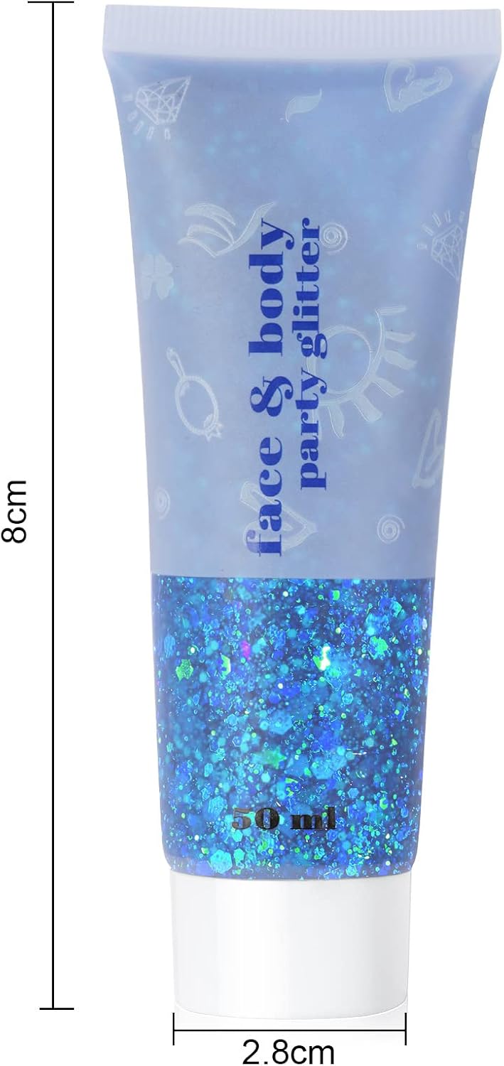 URAQT Mermaid Sequins Glitter Gel, 50ml Holographic Face & Body Gel, Sparkling Festival Party Lotion for Face, Body, Eye, Hair, Nail DIY Art (Blue)