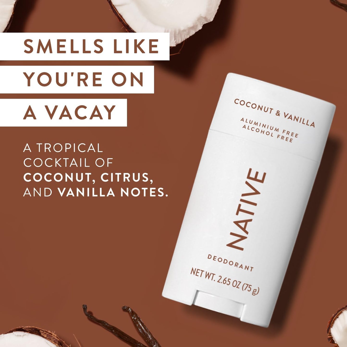 Native Deodorant Womens & Men – Alcohol & Aluminium Free - Coconut & Vanilla Scent - Naturally Derived with Shea Butter, Coconut Oil & Baking Soda - 72 Hour Odor Control (75g)
