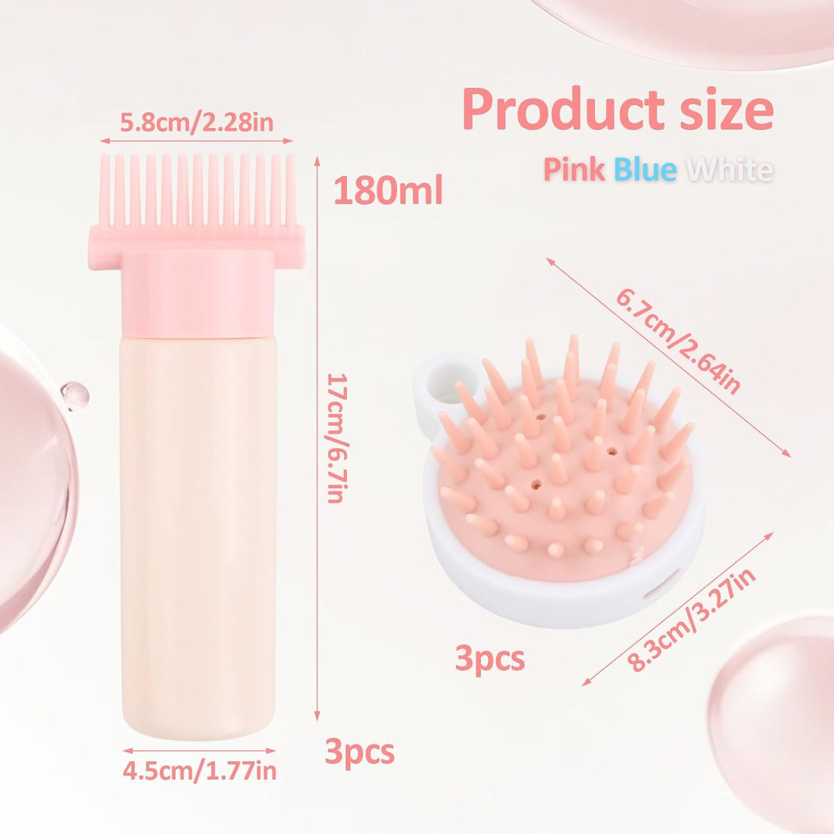 Hair Oil Applicator Bottle Set, 3 Pack Root Comb Applicator Bottles with Graduated Scale, 3 Hair Scalp Massager Shampoo Brush for Even Dyeing and Scalp Care