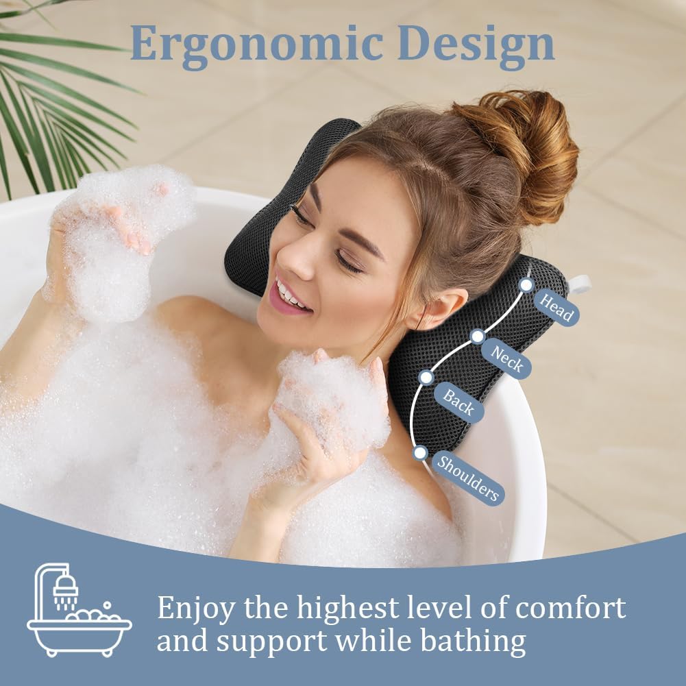 Flintronic Bath Pillow, Luxury Bath Bathtub Pillow for Head, Neck, Shoulder and Back Support, Ergonomic Breathable Mesh SPA Tub Pillow, Fits all Bathtub (Black)
