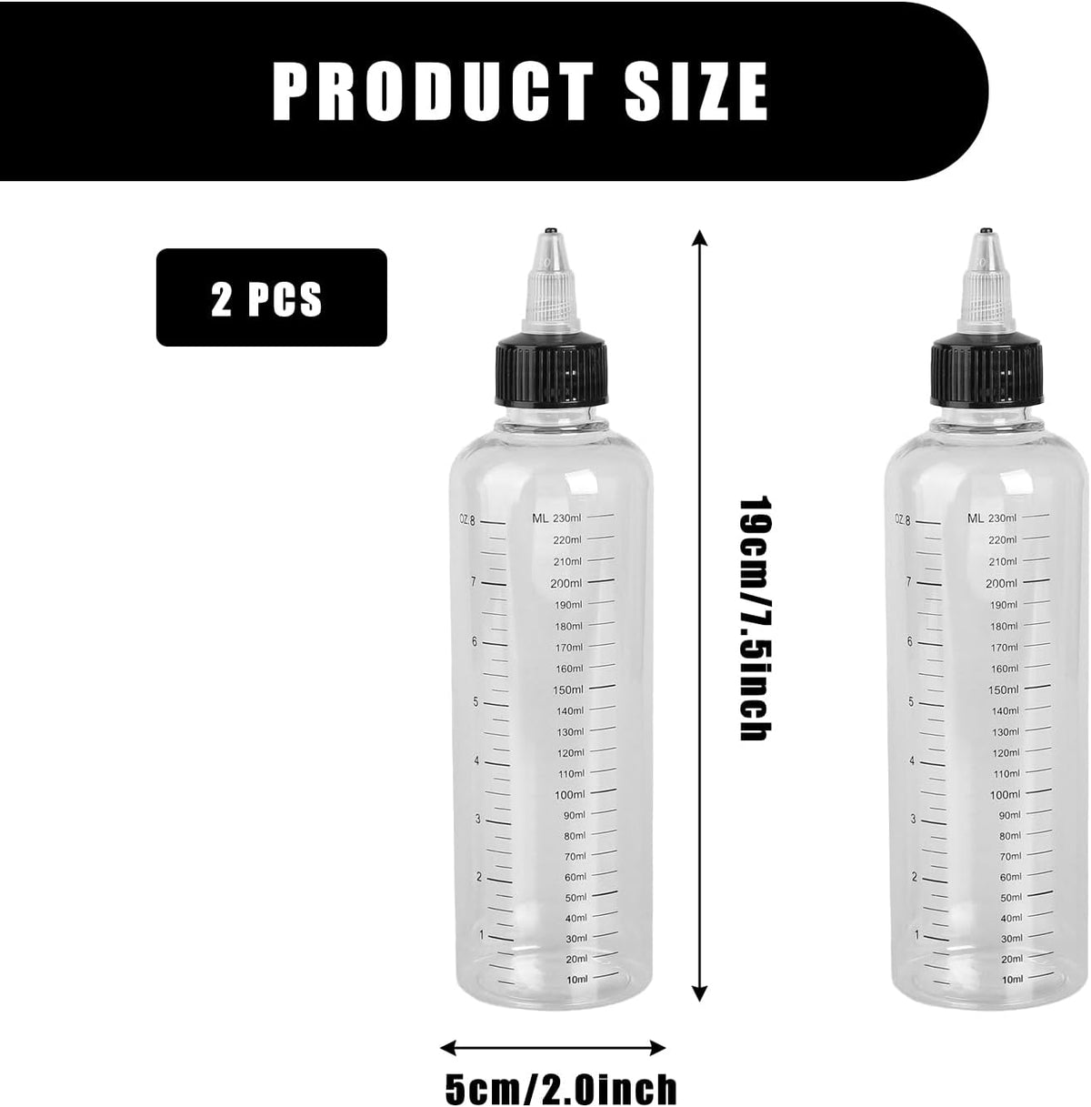 2PCS 250ml Squeeze Bottles with Measurement Scale – Precision Nozzle Cap Dye Applicator Bottles for Hair Colouring, Paint Mixing, Essential Oil Dispensing