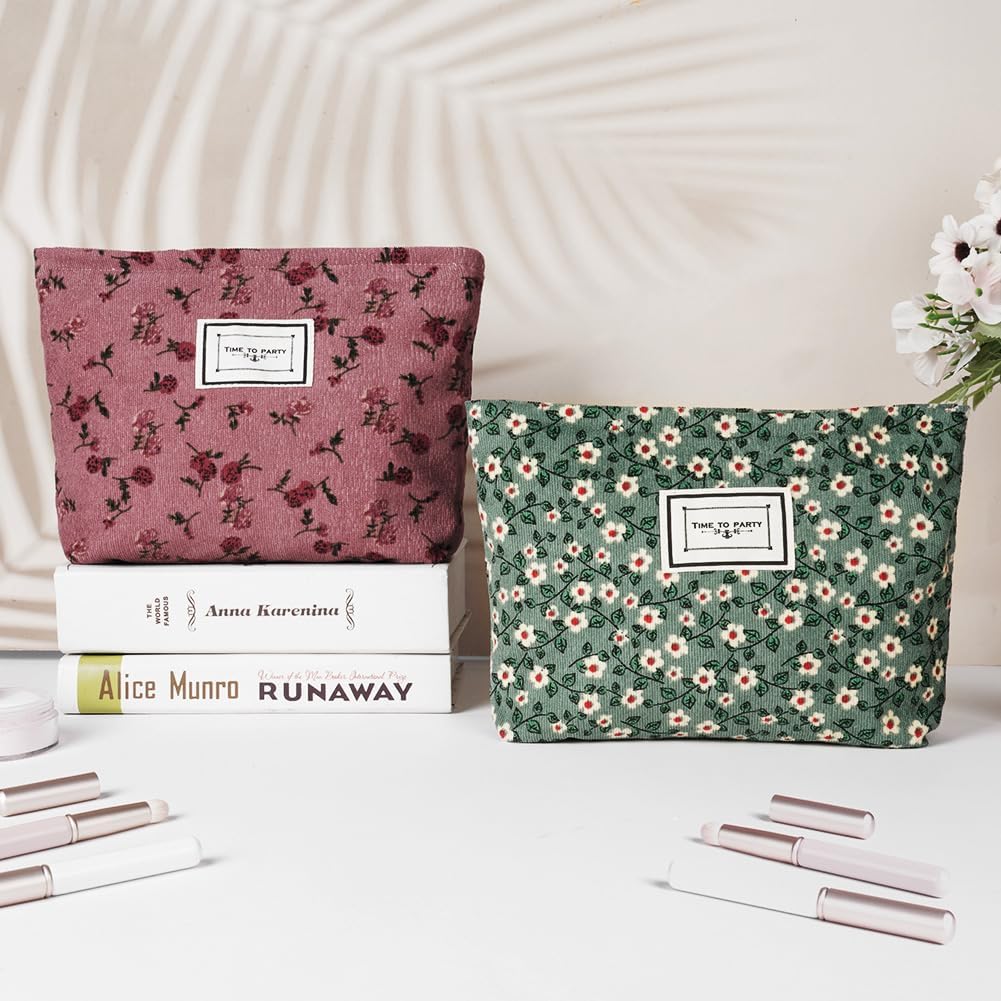 Aucuu Cosmetic Bags for Women, Small Floral Canvas Cosmetic Bag, Rose Flower Printing Corduroy Toiletry Bag, Multifunctional Travel Makeup Bag with Metal Zipper for Women Girls Gift - Green Flower