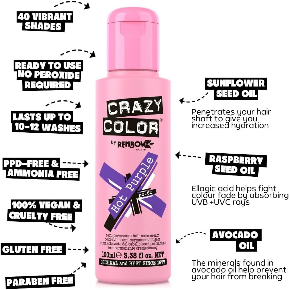 Crazy Color Vibrant Hot Purple Semi-Permanent Hair Dye. Highly Pigmented Royal Purple Conditioning & Oil Nourishing Vegan Formula | No Bleach or Ammonia | 100ml