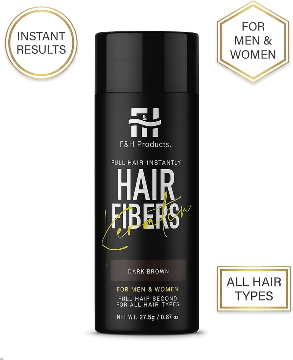 F&H Hair Fibres Dark Brown 27.5g – Keratin Hair Building Fibers – Instant Hair Thickening Powder for Men & Women