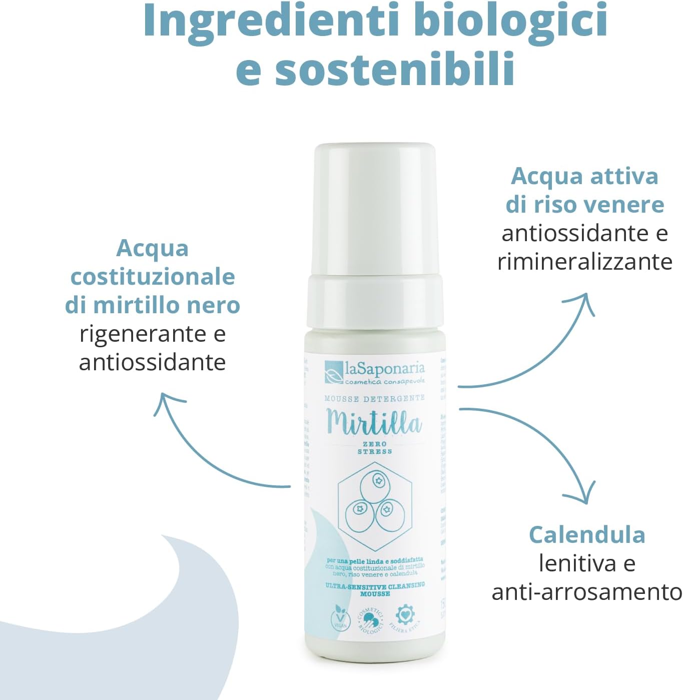 La Saponaria Mirtilla Cleansing Mousse, Hyaluronic Acid, Antioxidant, Moisturising, Marigold, Dermatologically Tested, All Skin Types, Natural, Vegan, Cruelty-Free, Ocean Plastic, Organic, 150ml