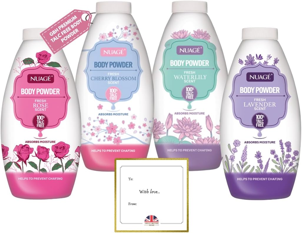 NEW Nuage Talc Free Body Powder 250g x 4 Pack – Fresh Lavender, Rose, Water Lily & Cherry Blossom – Moisture-Absorbing Talc Free Powder for Women & Men by GBH
