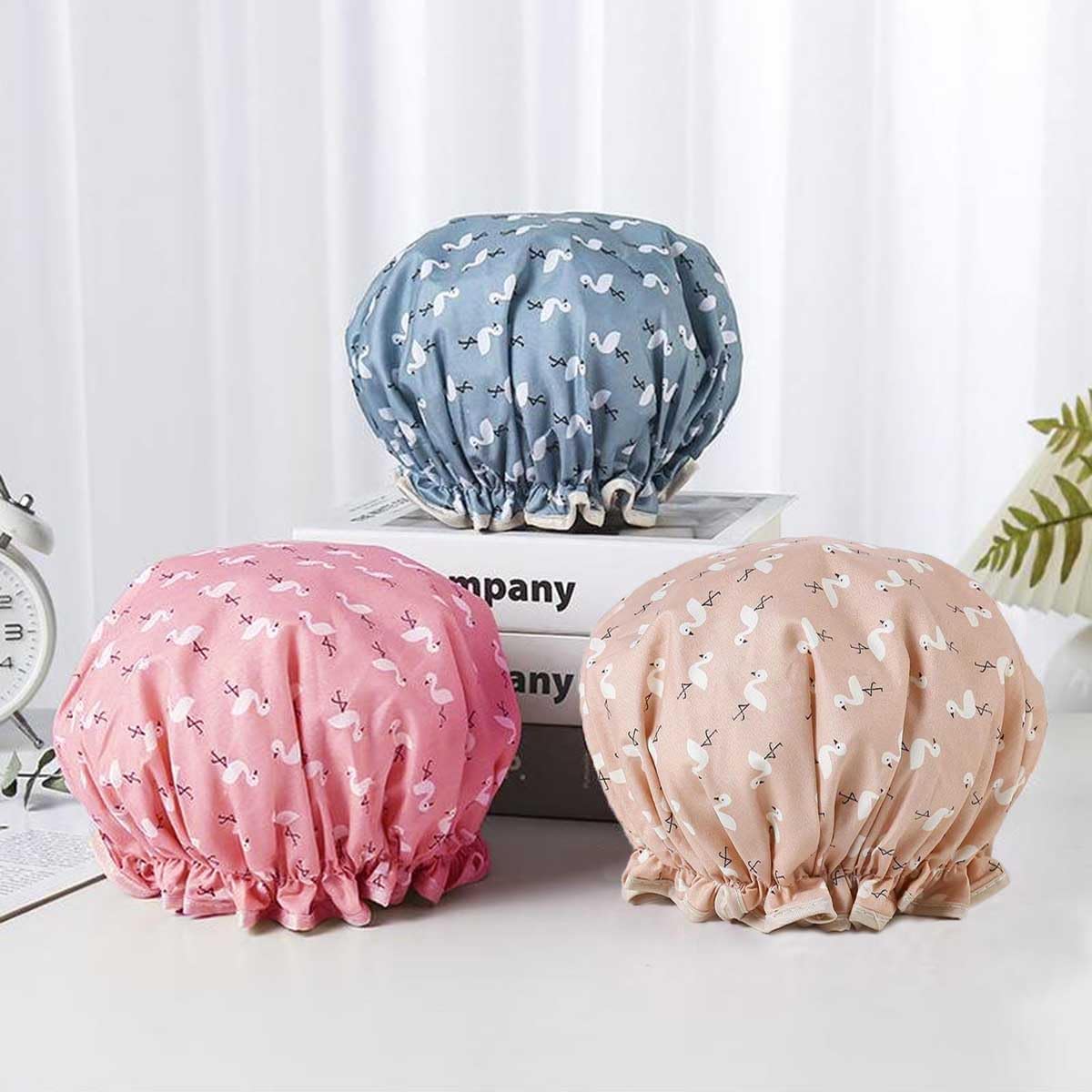Shower Cap Elastic Band Double Layers Waterproof Shower Caps With Ruffled Edge Covering Ears Keeping Hair Dry Kitchen Oil-proof Cap for Girls and Women 2PCS