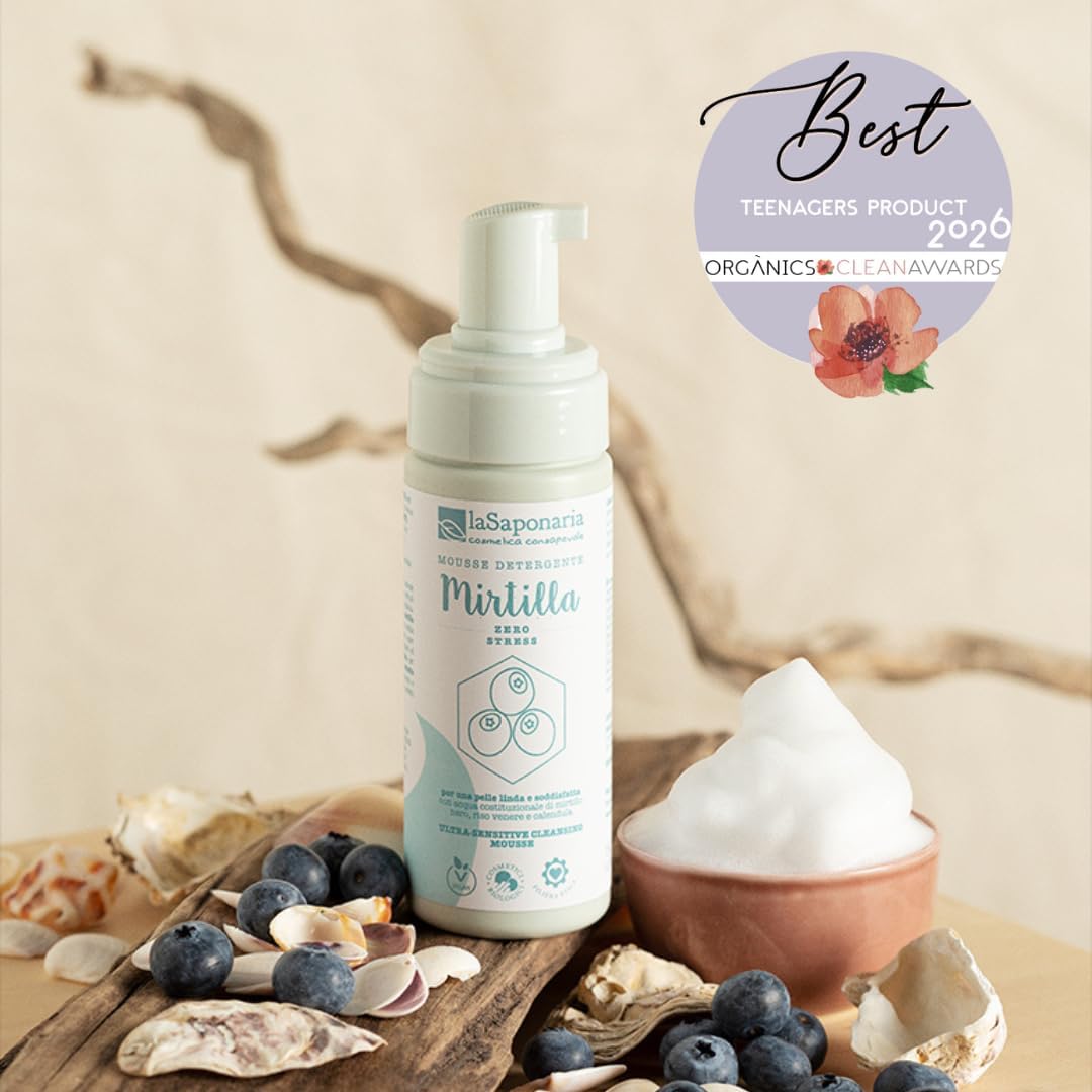 La Saponaria Mirtilla Cleansing Mousse, Hyaluronic Acid, Antioxidant, Moisturising, Marigold, Dermatologically Tested, All Skin Types, Natural, Vegan, Cruelty-Free, Ocean Plastic, Organic, 150ml