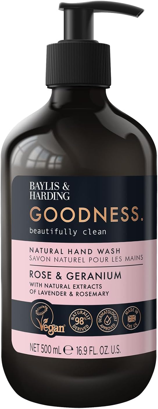 Baylis & Harding Goodness Rose & Geranium Natural Hand Wash, 500 ml (Pack of 3) - Vegan Friendly