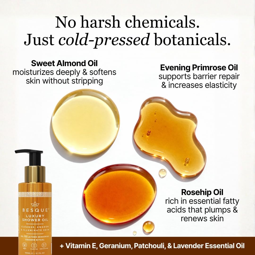 Besque Luxury Shower Oil, Hydrating Body Wash for Women with Sweet Almond, Rosehip & Evening Primrose & Vitamin E, Gentle Cleanser for Sensitive, Dry & Aging Skin, 150 ml - Pack of 1