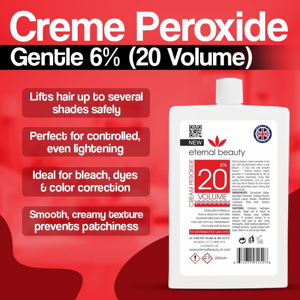 Creme Peroxide 6% (20 Volume) 250ml – Professional Hair Bleach Developer for Salon & Home Use, Smooth Cream Formula for Safe, Even Lightening by Eternal Beauty