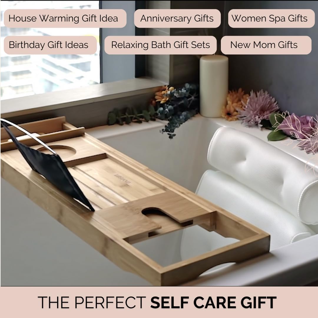 Foldable Bamboo Bathtub Tray Caddy - Expandable Bath Tray for Tub | Secure, Non-Slip Bathtub Caddy Tray for Tub for Bath Accessories, Bath Stuff – Perfect Relaxing Gifts for Women and Spa Gift Set