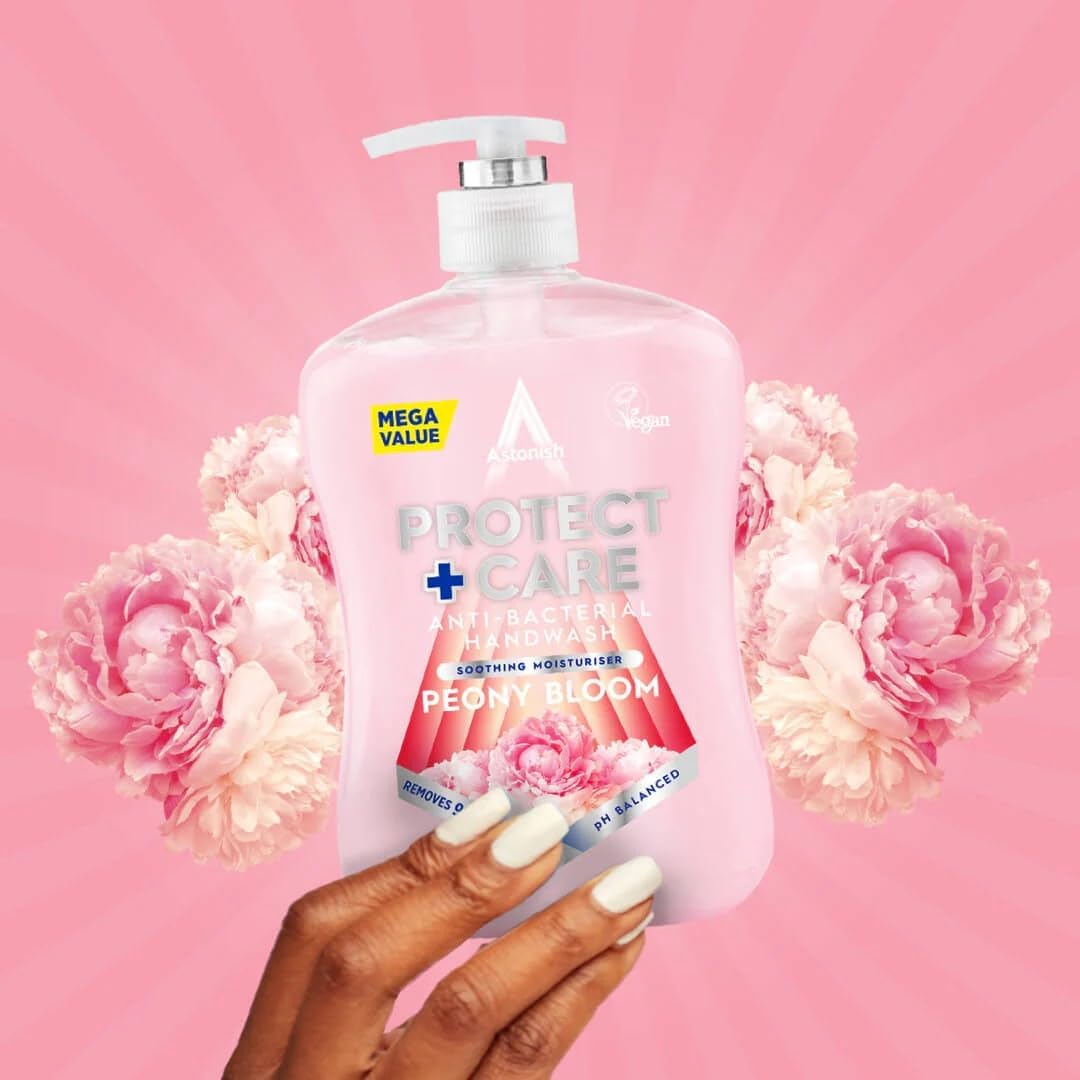 Astonish Protect and Care Kind to Skin Moisturising Anti-Bacterial Hand Wash Soap, Peony Bloom, 600ml