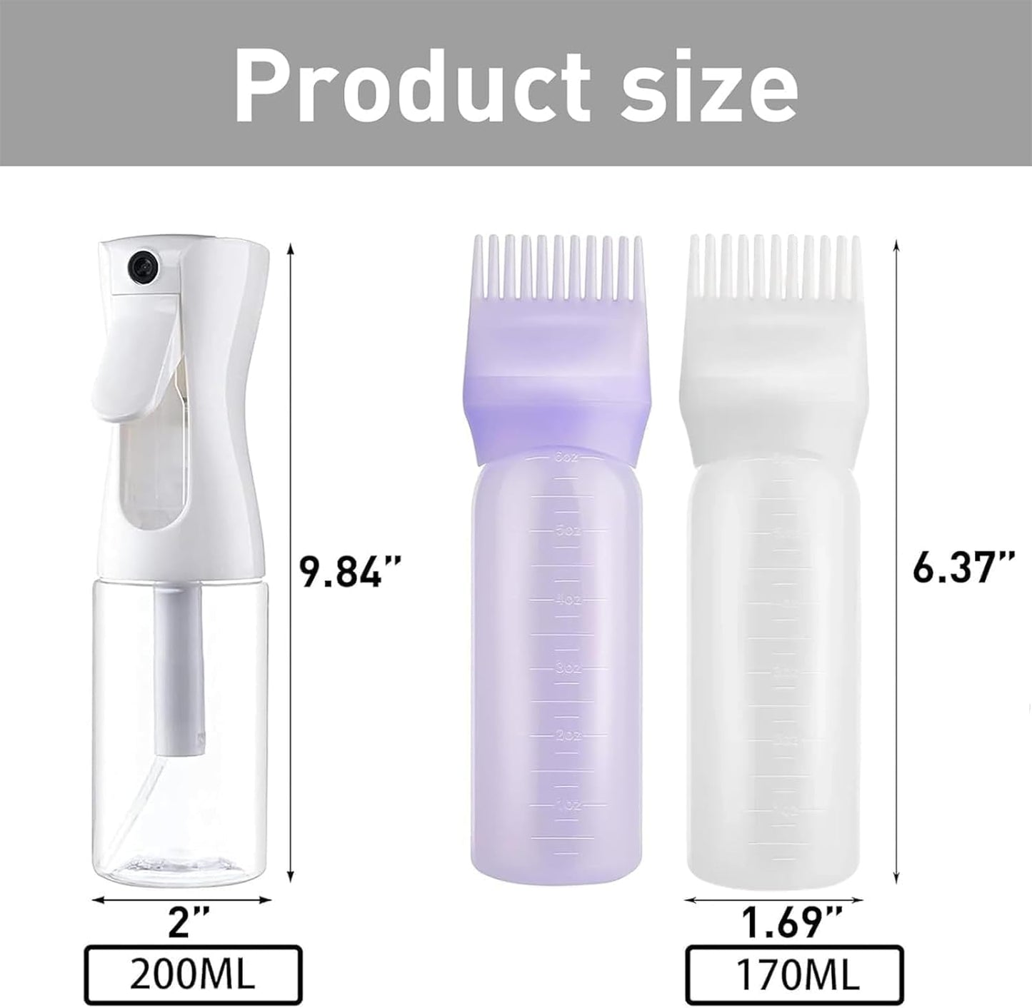 3 PCS Plastic Hair Dye Oil Applying Applicator with Graduated Scale, Root Comb Applicator and Continuous Spray Bottle, 200ml(white)