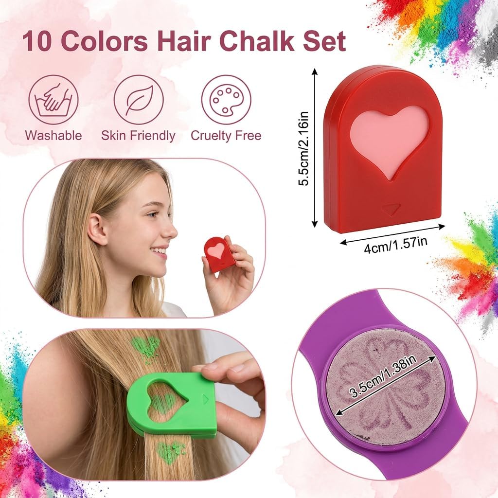 10 Colors Hair Chalk for Adults, Temporary Washable Hair Dye Powder Set, Non-Toxic Hair Colour Chalk Pens for Party Cosplay Halloween Christmas