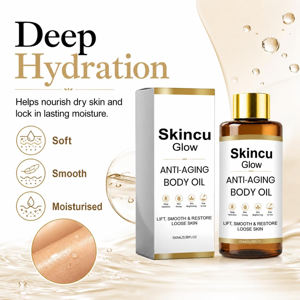 Skincu Anti Aging Body Oil, Skincu Glow Remedy Oil Skin Tightening Plant-Based Firming & Moisturising Oil, Lightweight Non-greasy Formula for Smooth Glowing Skin, 100ml