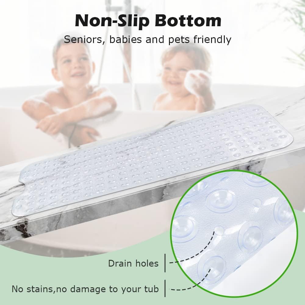 Pinzz Vinyl Non-Slip Bathtub Mat Anti Mould Shower Mat,Extra Long,100 * 40CM/16"*38", Powerful Suction Cup Gripping,Machine Washable, BPA Free, Non-Toxic, Phthalate free, Latex Free(Clear)