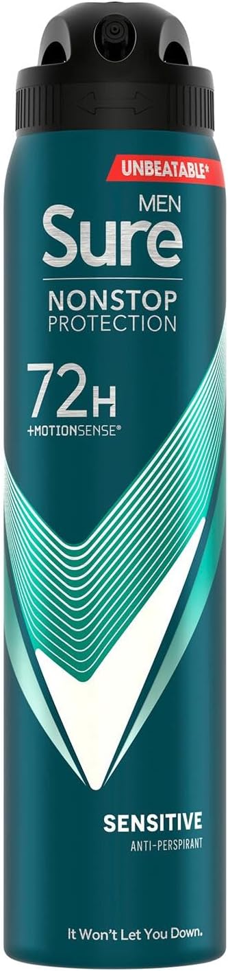 Sure Men Nonstop Protection Sensitive Deodorant Body Spray Antiperspirant with a clean fragrance & body heat activated technology for 72 hour odour and sweat protection 250 ml, Pack of 6