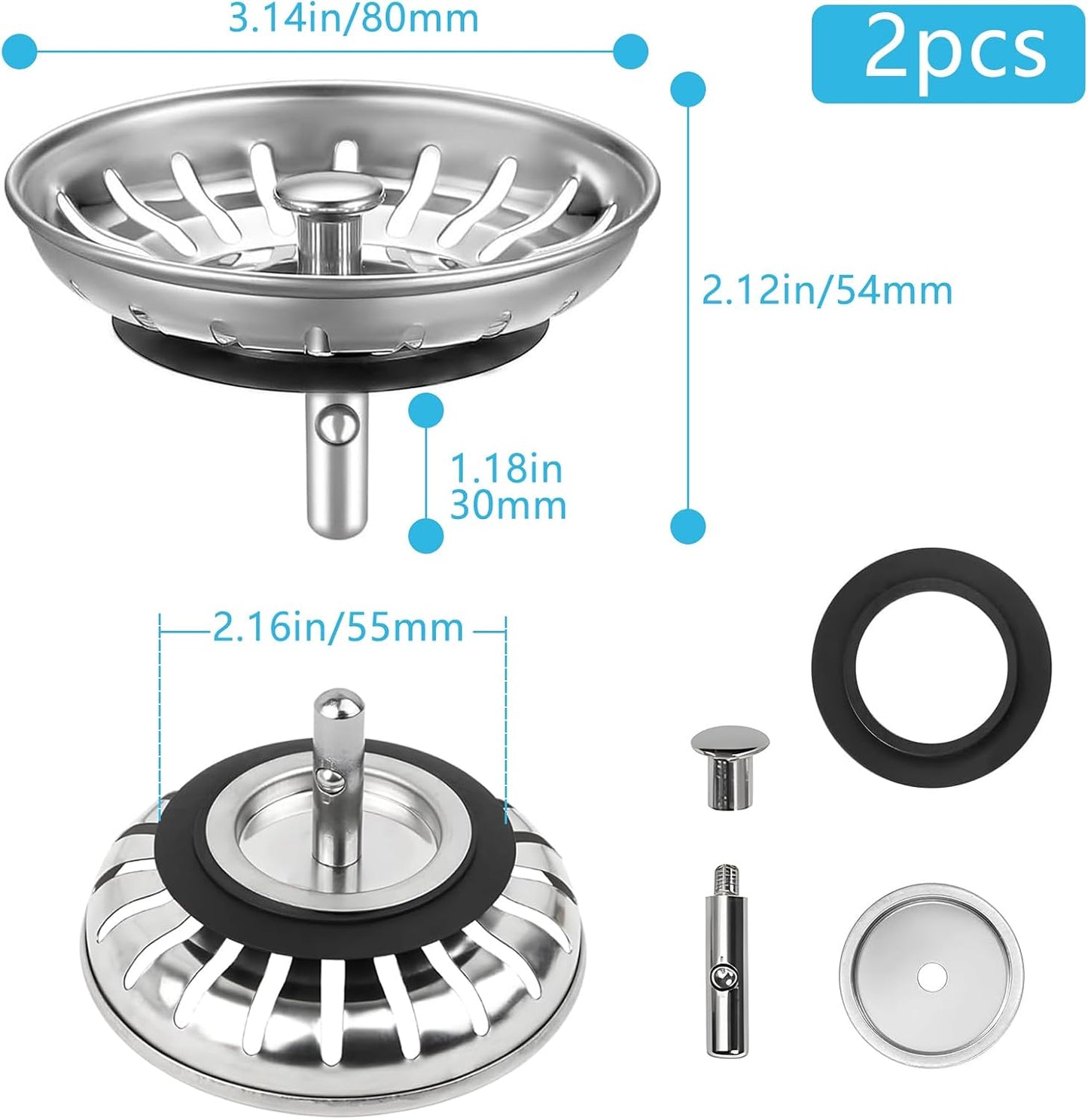 2 Pack Kitchen Sink Strainer, Stainless Steel Sink Plug Replacement, Sink Drain Stopper 3.15 Inch, Hole Diameter 80mm