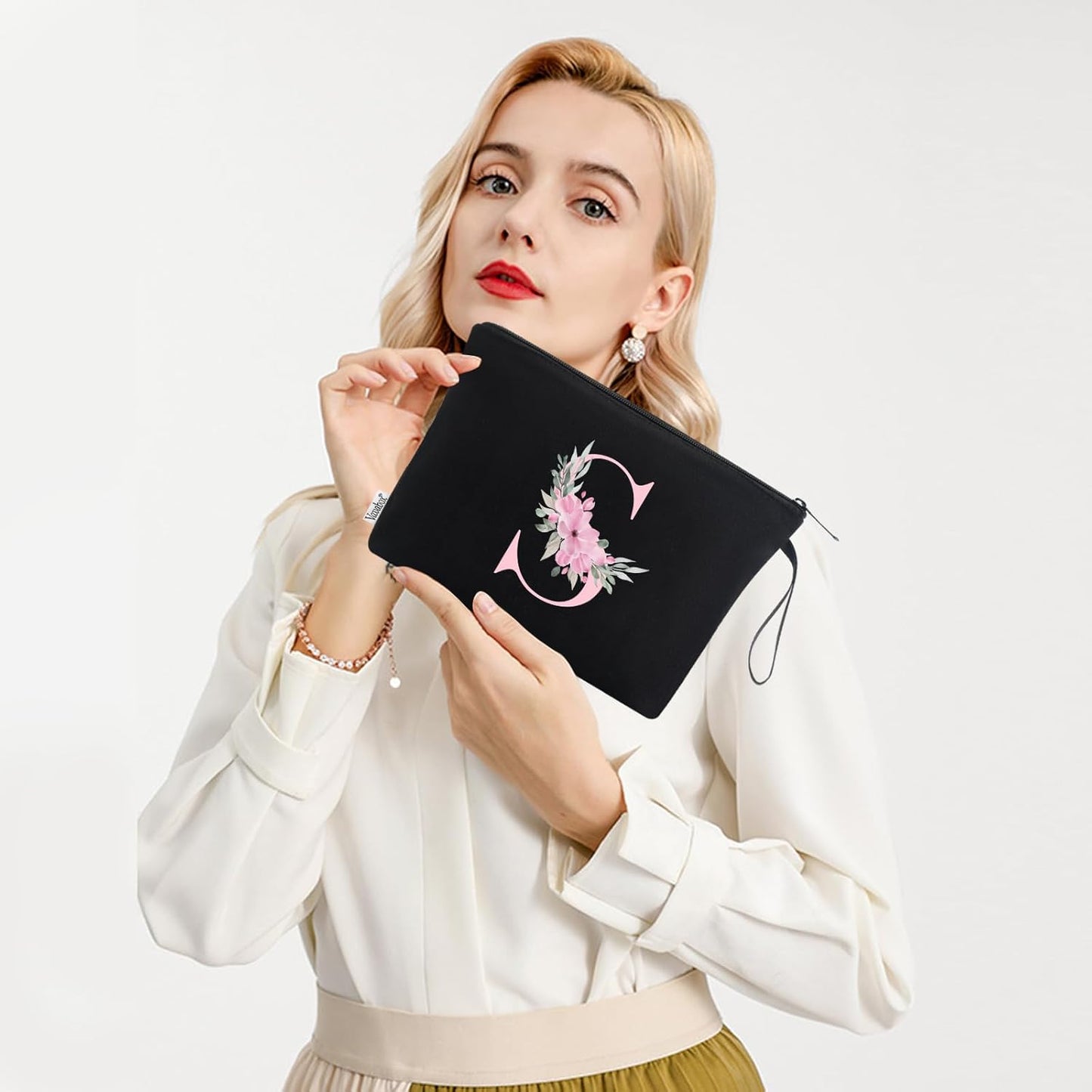 Vavabox A-Z Personalized Initial Makeup Bag, Birthday Gifts for Women Unique,Bride Bridesmaid Gift Cosmetic Bags (S, Black)