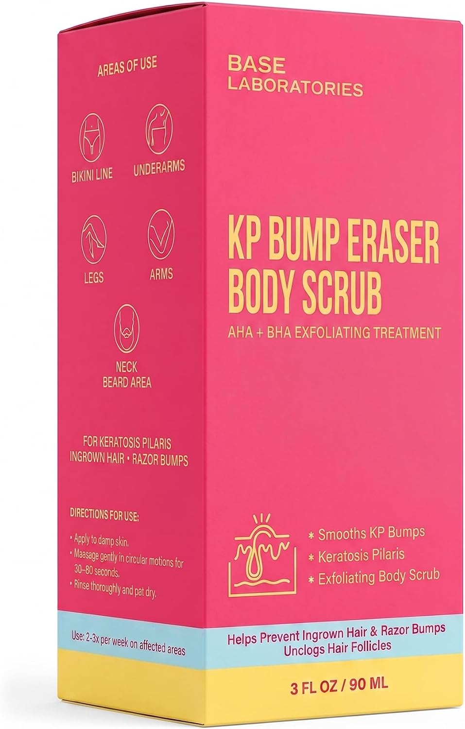 Base Laboratories Ingrown Hair - KP Bump Exfoliating Body Scrub - with AHA+BHA - Keratosis Pilaris Treatment - Daily Skin Exfoliant - Helps Reduce Strawberry Skin & Razor Bumps - Men & Women 90ml