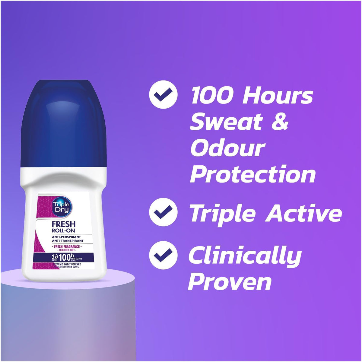 Triple Dry Women | Fresh Fragrance Anti-Perspirant Roll On 50ml | 100-Hour Protection Against Excessive Sweating | Fights Odour | Triple Active Formula | Clinically Proven | Female