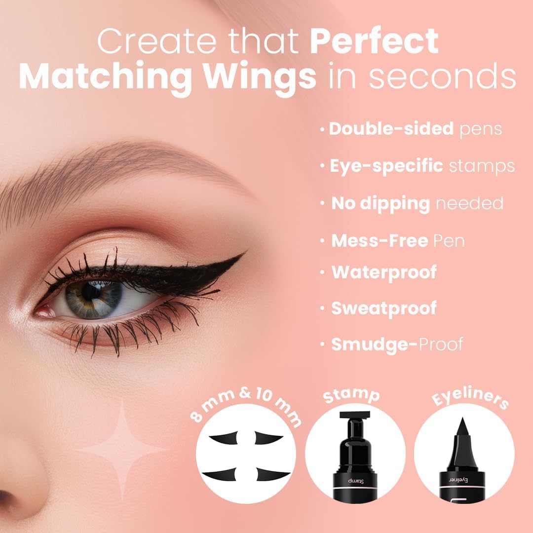 LA PURE Waterproof Winged Eyeliner Stamp - 8mm Long Lasting Liquid Liner Pen, 2 Wingliner Black Make Up Pens, Vamp Style Wing, Smudgeproof & Sweatproof, Perfect Cat Eye Look, Eyeshadow, No Dipping