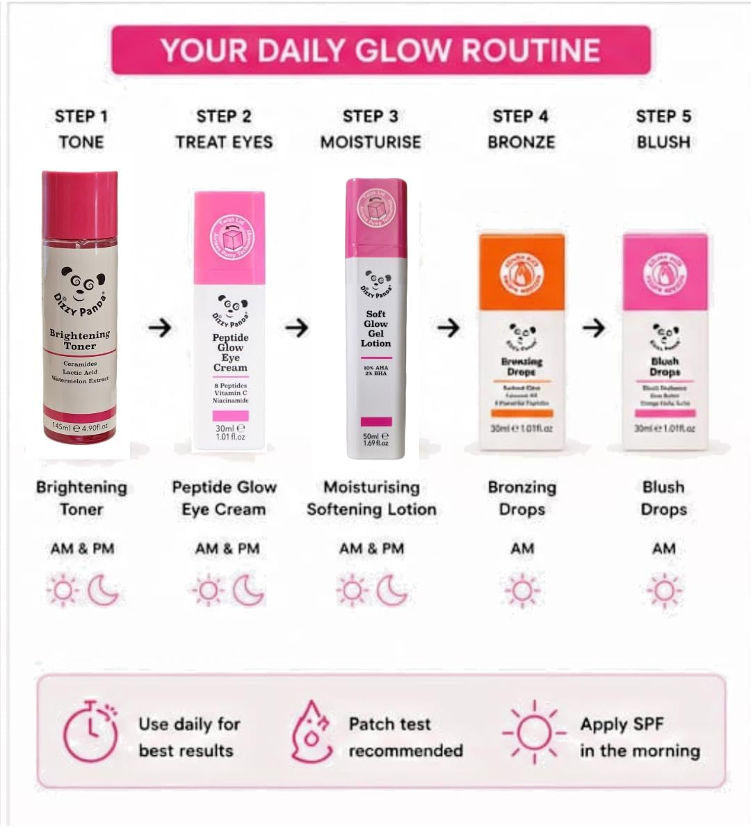 Dizzy Panda Glow & Bronze Beauty Bundle – Bronzing Drops, Blush Drops, Brightening Toner, Peptide Eye Cream & Moisturising Lotion