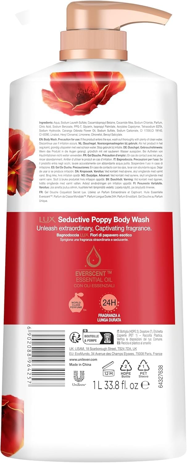 Lux Magical Orchid Body Wash 1L (1 Pack) & Secret Poppy BodyWash 1L (1 Pack) & Lux Charming Peony Body Wash 1L (1Pack) (Total 3 Packs)