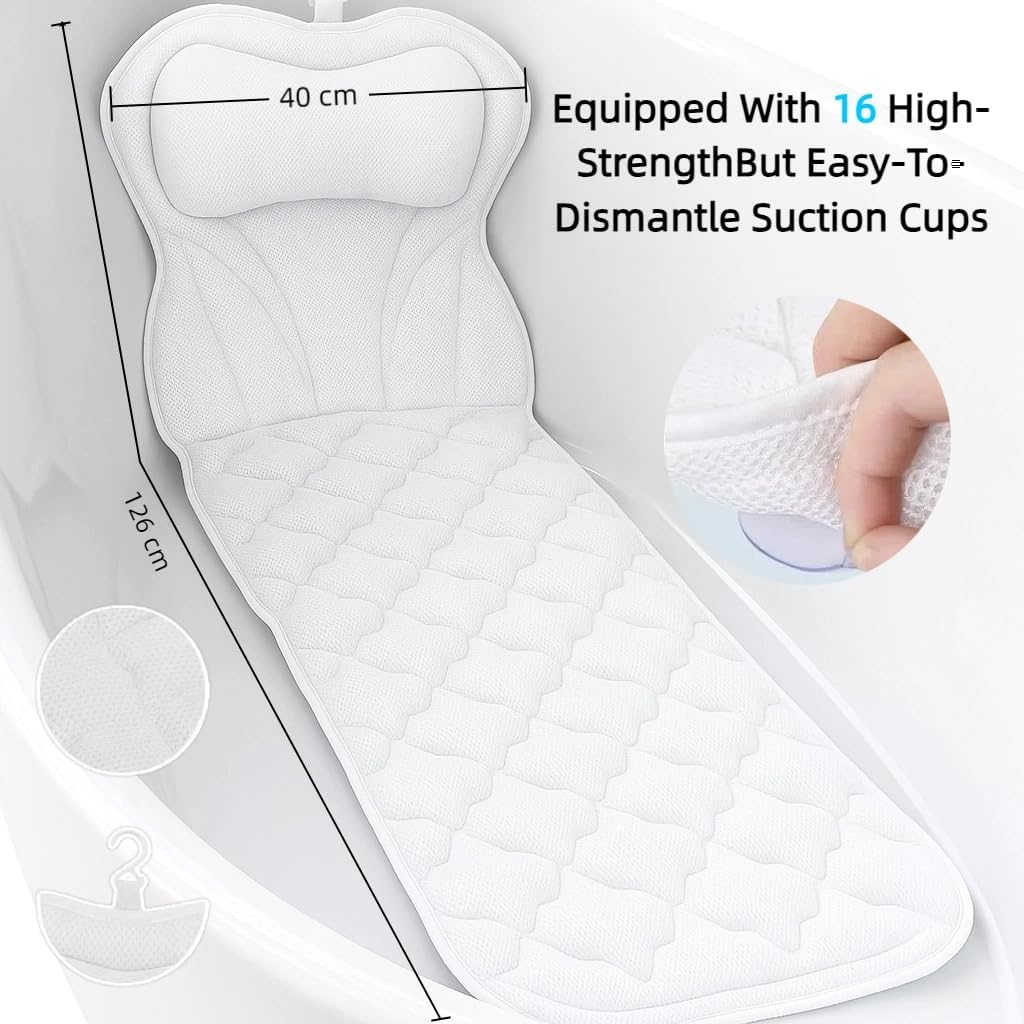 Full Body Bath Pillow Mat & Non-slip Cushion, Bathtub Pillow with 5D Air Mesh and 16 Powerful Suction Cups, Ergonomic Design Support Head and Neck Back for Home Hot Tub Relaxing Spa Fits All Bathtub