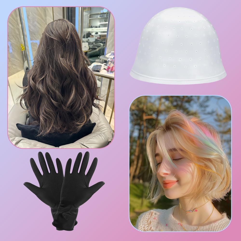 Hair Highlighting Kit,Pre-Drilled Silicone Highlighting Cap Set with Holes - Complete Hair Coloring Kit Including Hair Hooks 3 Coloring Brushes and 1 Glove for Easy Highlights at Home