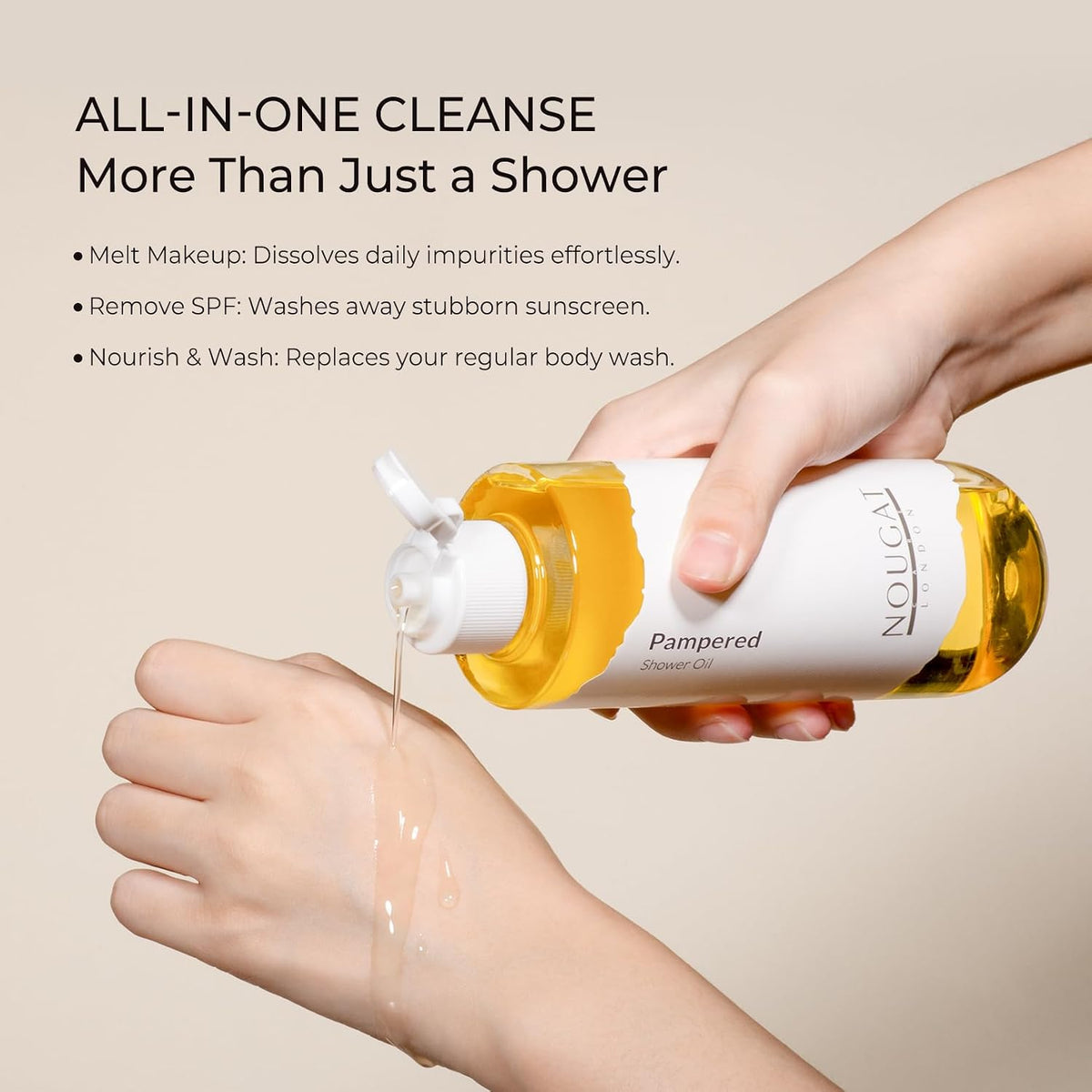 NOUGAT Pampered Shower Oil for Daily Bath Routine, Transforming Oil-to-Milk Body Cleanser for Makeup & Sunscreen Removal, Hydrating Botanical Wash for Dry Skin Relaxation at Home, Exotic Scent, 372g