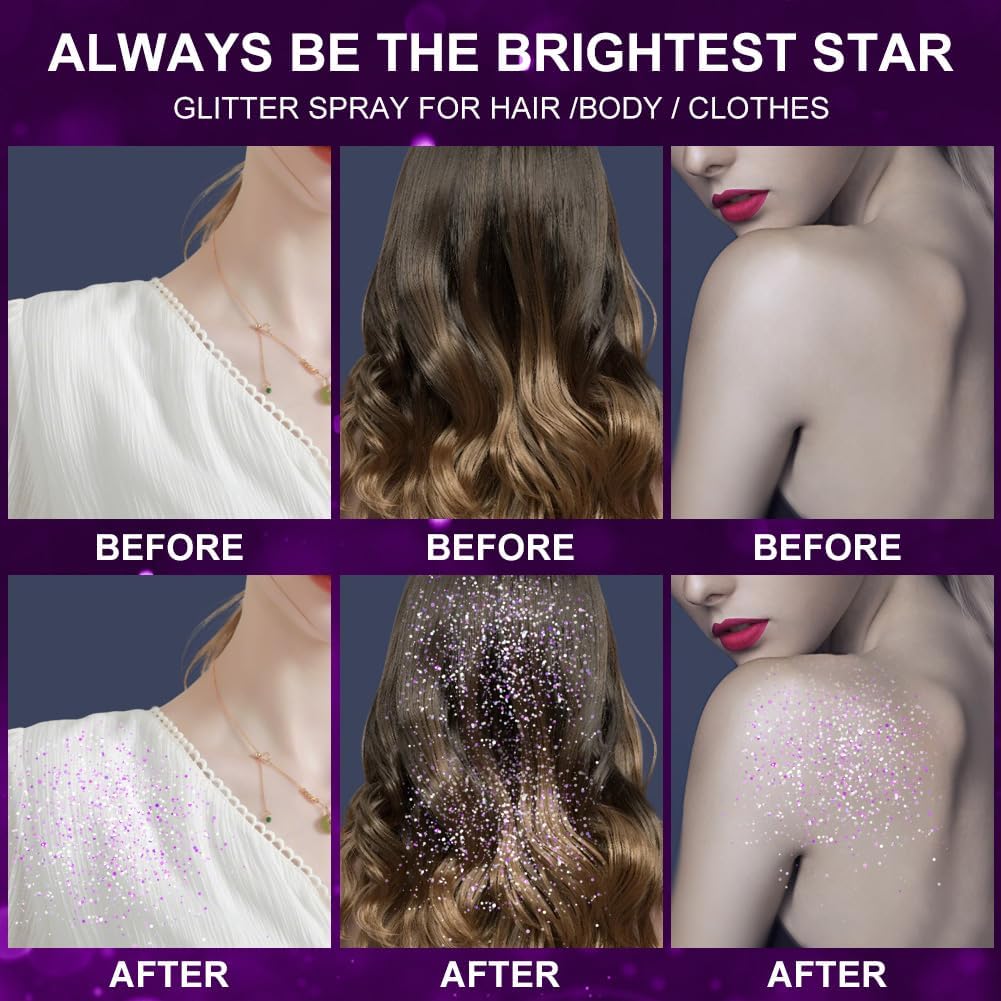 LOPHE Glitter Spray, Body Face Hair Glitter for Women, Sparkle Shimmer Shiny Powder, Holographic Spray, Quick Dry Hairspray for Makeup Festival Carnival, Purple
