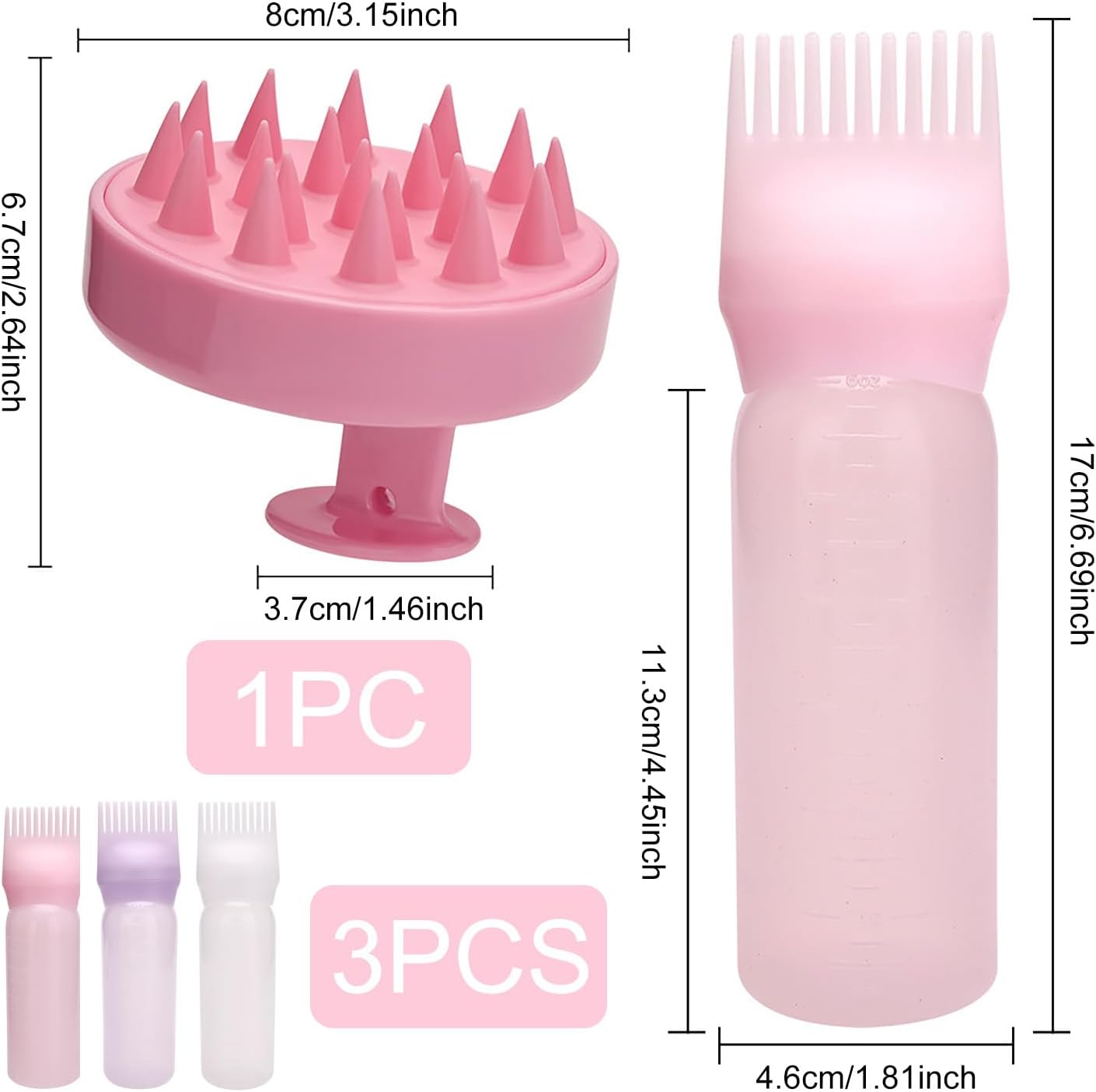 Hair Oil Applicator Set, 3 Pieces Hair Coloring Brush Bottle with Graduated Scale, 1 Scalp Massage Brush,for Hair Root Color