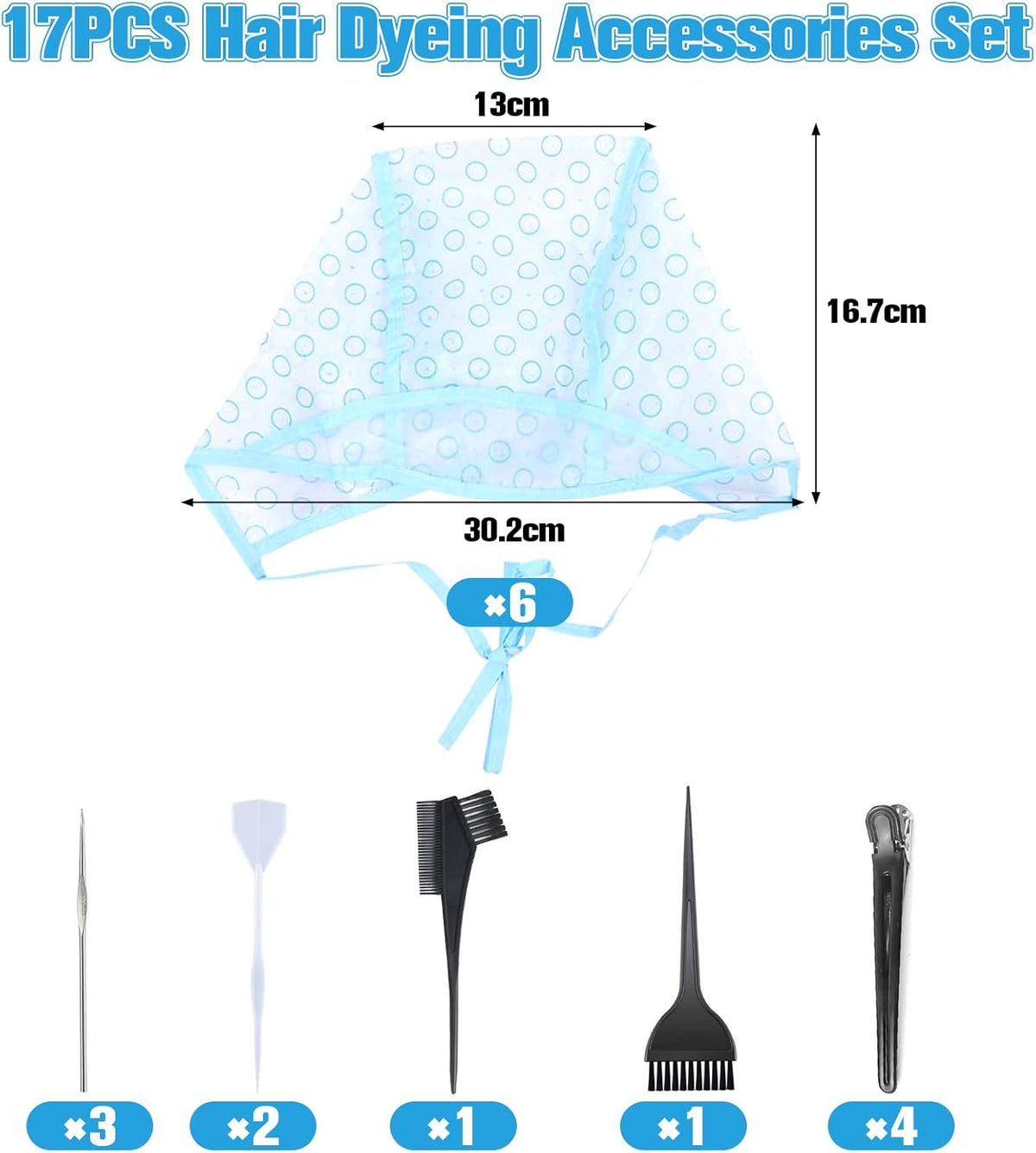 17 Pcs Hair Highlighting Kit, 6 Pcs Hair Disposable Frosting Cap Highlight Cap with 3 iron crochet hook, 2 Plastic Hooks, 2 Hair Dye Brushes Hair Dye Combs, 4 Hair Clips for Salon Home Dyeing Hair Use