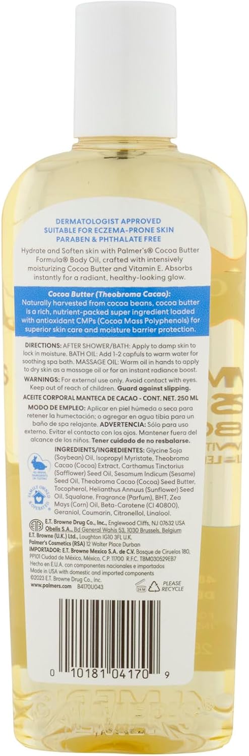Palmer’s Cocoa Butter Formula Moisturising Body Oil 250ml with Vitamin E and Cosmetic Spatula – Fast-Absorbing, Non-Greasy Hydration for Dry.